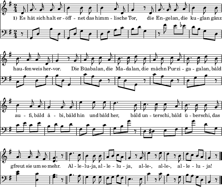 
% Begleitung von ingeb.org
\header { tagline = ##f }
\layout { indent = 0
  \context { \Score \remove "Bar_number_engraver" }
  \context { \Voice \remove "Dynamic_engraver" }
}
global = { \key g \major \time 2/4 \partial 8 }

sopranoVoice = \relative c' { \global \autoBeamOff \set Staff.midiInstrument = "clarinet"
  d8 | g8. g16 g8 a | b4 b8 b | b4 a8 d, | g4 r8
  d8 | g8. g16 g8 a | b4 b8 b | b8. a16 a8 d, | g4 r8
  g | a b c a | b8. c16 d8 b | a b c a | b8. c16 d8 b |
  b4 a8 a | g4 g8 g | e'4 e8 e | d4.
  b8 | c8. c16 c8 a | b8. b16 b8 g | a8. a16 a8 fis | <g d>4. r8 \bar "||"
  d'4. c8 | b4 b8 b | a[ b] c[ a] | g4 r8 g | e'4 r8 e8 | d4 r8 b | d[ c] b[ a] | g4 r8 \bar "|."
}

verse = \lyricmode { \set stanza = "1)"
  Es håt sich halt er -- öff -- net das himm -- li -- sche Tor,
  die En -- ge -- lan, die ku -- glan gånz hau -- fen -- weis her -- vor.
  Die Büa -- ba -- lan, die Ma -- da -- lan, die må -- chn Pur -- zi -- ga -- ga -- lan,
  båld au -- fi, båld å -- bi, båld hin und båld her,
  båld un -- ter -- schi, båld ü -- ber -- schi, das gfreut sie um so mehr.
  Al -- le -- lu -- ja, al -- le -- lu -- ja, al -- le-, al -- le-, al -- le -- lu -- ja!
}

acc = \relative c { \global \set Staff.midiInstrument = "vibraphone"
  r8 | g\p d' b' d, | g, d' g d | d fis a c | b d g,4 |
  r8 fis' e es | d b g d | c a' d, a' | b d, g,4 |
  c'8 [a d,] r | \stemDown g [d g,] r \stemNeutral | c' [a d,] r | d [g b] r |
  c e c e | b d b d | fis, c' fis, c' | g [b g'] r |
  d, dis e fis | g g' d g, | <e' c>4 <c d,> | <b g>4. r8 \bar "||" \autoBeamOff
  b4. a8 | g4 g8 g | fis [g] a [fis] | e4. e8 | c'4 r8 c | b4 r8 g8 | b [a] g [d] | b4 r8 \bar "|."
}

\score {
  <<
    \new Staff \sopranoVoice \addlyrics \verse
    \new Staff { \clef bass \acc }
  >>
  \layout { }
  \midi { \tempo 4=102 }
}

