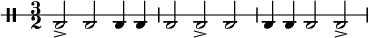 {
  \new DrumStaff \with{
    drumStyleTable = #percussion-style
    \override StaffSymbol.line-count = #1
  } \drummode { \time 3/2 bd2-> bd bd4 bd bd2 bd-> bd bd4 bd bd2 bd-> }
}