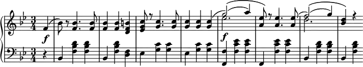 
 \relative c' {
  \new PianoStaff
<<
   \new Staff { \key g \minor \time 3/4 \partial 4 \set Score.tempoHideNote = ##t \tempo "" 2. = 64
 f4( bes8) r8
    <<
   {
     <f bes>4. <f bes>8 <f bes>4 <f bes> <d f b> <ees g c>8 r <g c>4. <g c>8 <g c>4 <g c> <g c>( g'2)(\( a4) <a, ees'>8\) r <a ees'>4. <a ees'>8( f'2)(\( g4) <bes, d>\) r
   }
    \\
   {
     s4. s8 s4 s s s8 s s4. s8 s4 s s ees2.\f s8 s s4. s8 d2.
   }
    >>
   }
   \new Dynamics {
    s\f
      }
   \new Staff { \key g \minor \time 3/4 \clef bass \partial4
      r4 bes,, <f' bes d> <f bes d> bes, <f' bes d> <d f> ees <g c> <g c> ees <g c> <g c> <f, f'> <f' c' ees> <f c' ees> f, <f' c' ees> <f c' ees> bes, <f' bes d> <f bes d> bes, <f' bes d>
   }
  >>
 }
