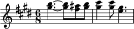 {\set Staff.midiInstrument = #"celesta" \time 6/8 \key e \major <gis'' b''>4.~<gis'' b''>8 <fis'' ais''>8 <gis'' b''>8 <gis'' cis'''>4 <gis'' cis'''>8 <e'' gis''>4.}