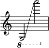  { \override Score.TimeSignature #'stencil = ##f
  \ottava #-1  g,2 \glissando  a''2 }
