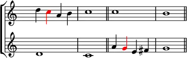 \new ChoirStaff <<
\new Staff <<
\set Score.tempoHideNote = ##t
\tempo 2 = 92
\override Staff.TimeSignature.transparent = ##t
\relative c''
{ d \tweak NoteHead.color #red \tweak Stem.color #red c a b c1 \bar "||" c b \bar "||" }
>>
\new Staff <<
\override Staff.TimeSignature.transparent = ##t
\relative c' { d1 c a'4 \tweak NoteHead.color #red \tweak Stem.color #red g e fis g1 }
>>
>>