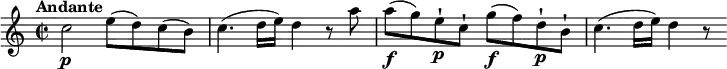\relative c'' {
\version "2.18.2"
\key c \major
\tempo "Andante"
\time 2/2
\tempo 4 = 60
c2\p e8 (d) c (b)
c4. (d16 e) d4 r8 a'8
a\f (g) e-!\p c-! g'\f (f) d-!\p b-!
c4. (d16 e) d4 r8
}