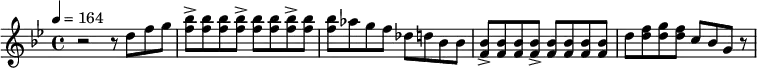 
  \new Staff {
    \set Staff.midiInstrument = #"overdriven guitar"
    \relative b' {
      \key bes \major
      \time 4/4
      \tempo 4 = 164
      r2 r8 d8 [f8 g8] | <f bes>8-> <f bes>8 <f bes>8 <f bes>8-> <f bes>8 <f bes>8 <f bes>8-> <f bes>8 | <f bes>8 as8 g8 f8 des8 d8 bes8 bes8 | <f bes>8-> <f bes>8 <f bes>8 <f bes>8-> <f bes>8 <f bes>8 <f bes>8 <f bes>8|
 d'8 <d f>8 <d g>8 <d f>8 c8 bes8 g8 r8 |
    }
  }
