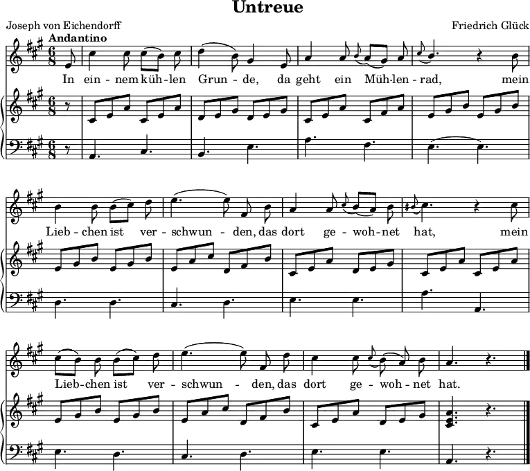 
\header {
  tagline = ##f % no footer
  title = "Untreue"
  composer = "Friedrich Glück"
  poet = "Joseph von Eichendorff"
}

\layout { indent = 0\mm
  \context {
    \Score
    \remove "Bar_number_engraver"
  }
}

global = {
  \key a \major
  \time 6/8
  \partial 8
  \tempo "Andantino"
}

sopranoVoice = \relative c'' {
  \global
  \dynamicUp
  e,8 | cis'4 cis8 cis [(b)] \noBeam cis | d4 (b8) gis4 e8 | a4 a8 \grace b (a) [(gis)] \noBeam a | \stemUp \grace cis (b4.) r4 \stemNeutral b8 |
  b4 b8 b [(cis)] \noBeam d | e4. (e8) \noBeam fis, \noBeam b | a4 a8 \grace cis (b) [(a)] \noBeam b \grace bis (cis4.) r4 cis8
  cis [(b)] \noBeam b b [(cis)] d | e4. (e8) \noBeam fis, \noBeam d' | cis4 cis8 \grace cis (b) (a) \noBeam b | a4. r4. \bar "|."
}

verse = \lyricmode {
  In ein -- nem küh -- len Grun -- de, da geht ein Müh -- len -- rad, mein
  Lieb -- chen ist ver -- schwun -- den, das dort ge -- woh -- net hat, mein
  Lieb -- chen ist ver -- schwun -- den, das dort ge -- woh -- net hat.
}

right = \relative c' {
  \global
  r8 | cis8 e a cis, e a | d, e gis d e gis | cis, e a cis, fis a | e gis b e, gis b |
  e, gis b e, gis b | e, a cis d, fis b | cis, e a d, e gis | cis, e a cis, e a |
  e  gis b e, gis b | e, a cis d, fis b | cis, e a d, e gis | <cis, e a>4. r4.
}

left = \relative c {
  \global
  r8 | a4. cis | b e | a fis | e (e) |
  d  d | cis d | e e | a a, |
  e' d | cis d | e e | a, r
}

sopranoVoicePart = \new Staff \with {
  midiInstrument = "flute"
} { \sopranoVoice }
\addlyrics { \verse }

pianoPart = \new PianoStaff  <<
  \new Staff = "right" \with {
    midiInstrument = "acoustic grand"
    midiMaximumVolume = #0.8
  } \right
  \new Staff = "left" \with {
    midiInstrument = "acoustic grand"
    midiMaximumVolume = #0.6
  } { \clef bass \left }
>>

\score {
  <<
    \sopranoVoicePart
    \pianoPart
  >>
  \layout { }
  \midi { \tempo 4=66 }
}
