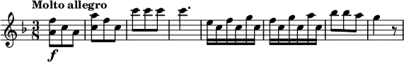 \relative c'' {
\version "2.18.2"
\tempo "Molto allegro"
\key f \major
\time 3/8
\tempo 4 = 120
< a f'>8\f c a
< c a'>8 f c
c' c c c4.
e,16 c f c g' c,
f c g' c, a' c,
bes'8 bes a
g4 r8
}