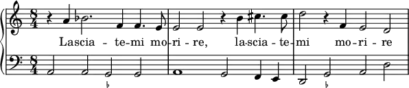  {
  \new PianoStaff <<
   \new Staff { \clef violin \key c \major \time 8/4
     r4 a'4 bes'2. f'4 f'4. e'8
     e'2 e'2 r4 b'4 cis''4. cis''8
     d''2 r4 f'4 e'2 d'2
   }
   \addlyrics { La -- scia -- te -- mi mo -- ri -- re, la -- scia -- te -- mi mo -- ri -- re }
   \new Staff { \clef bass \key c \major \time 8/4
     a,2 a,2 g,2 g,2
     a,1 g,2 f,4 e,4
     d,2 g,2 a,2 d2
   } 
   \figures {
     <_>1 <_->2 <_>2
     <_>1 <_>1
     <_>2 <_->2
   }
>> }