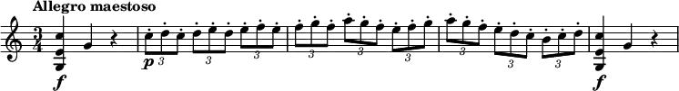 

\relative c'' {
  \version "2.18.2"
  \tempo "Allegro maestoso"
  \time 3/4
  <c e, g,>4\f g r |
  \times 2/3 { c8-.\p d-. c-. } \times 2/3 { d-. e-. d-. } \times 2/3 { e-. f-. e-. } |
  \times 2/3 { f8-. g-. f-. } \times 2/3 { a-. g-. f-. } \times 2/3 { e-. f-. g-. } |
  \times 2/3 { a8-. g-. f-. } \times 2/3 { e-. d-. c-. } \times 2/3 { b-. c-. d-. } |
  <c e, g,>4\f g r |
}
