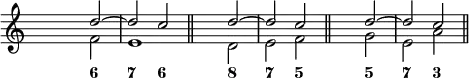 \new Staff
<<
\override Staff.TimeSignature.transparent = ##t
\set Score.tempoHideNote = ##t
\time 2/2
\tempo 4 = 160
<<
\new Voice = "first"
\relative c''
{ \voiceOne s2 d ~ d c \bar "||" s d ~ d c \bar "||" s d ~ d c \bar "||"
}
\new Voice = "second"
\relative c'
{ \voiceTwo s2 f e1 \bar "||" s2 d e f \bar "||" s2 g e a \bar "||"
}
>>
\new FiguredBass {
\figuremode { <_> <6> <7> <6> <_> <8> <7> <5> <_> <5> <7> <3>
}
}
>>