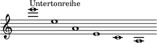 
  \new Staff {
  \time 6/1
\override Staff.TimeSignature.transparent = ##t
      \relative c''' { e1^Untertonreihe e, a, e c a % Remove bar line at the end of the current line
                                                                \once \override Score.BarLine.break-visibility = #'#(#f #t #t)
                                                                \break}
  }
