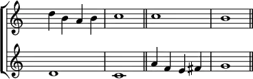 \new ChoirStaff <<
\new Staff <<
\set Score.tempoHideNote = ##t
\tempo 2 = 92
\override Staff.TimeSignature.transparent = ##t
\relative c''
{ d b a b c1 \bar "||" c b \bar "||" }
>>
\new Staff <<
\override Staff.TimeSignature.transparent = ##t
\relative c' { d1 c a'4 f e fis g1 }
>>
>>