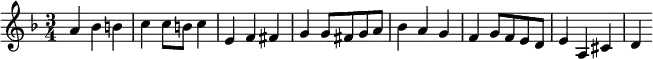 
\relative c''
{
\key d \minor
\time 3/4
a bes b c c8 b c4 e, f fis g g8 fis g a bes4 a g f g8 f e d e4 a, cis d
}
