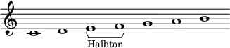  \new Staff \with { \consists Horizontal_bracket_engraver \remove "Time_signature_engraver" \remove "Bar_engraver" } 
\relative c' { 
  c1 d e -\tweak HorizontalBracketText.text "Halbton"  \startGroup f\stopGroup g a b}
