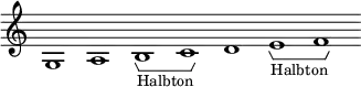  \new Staff \with { \consists Horizontal_bracket_engraver \remove "Time_signature_engraver" \remove "Bar_engraver" } \relative c' { 
  g1 a b -\tweak HorizontalBracketText.text "Halbton"  \startGroup c\stopGroup d e-\tweak HorizontalBracketText.text "Halbton"\startGroup f\stopGroup }
