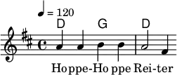 
<<
\chords {
d2 g2 d1 
}
\relative {
\key d \major
\tempo 4 = 120
a'4 a4 b4 b4 a2 fis4
}
\addlyrics { Ho -- ppe- -- Ho ppe Rei- -- ter 
}
>>