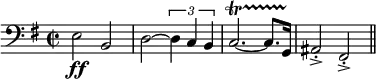 
  \relative c{
    \set Staff.midiInstrument = #"tuba"
    \set Score.tempoHideNote = ##t
    \tempo 4 = 130
    \clef bass
    \key g \major
    \time 2/2
      e2 \ff b d~ \times 2/3 { d4 c b } c2.~\startTrillSpan c8. g16\stopTrillSpan ais2\accent\staccato fis\accent\staccato \bar "||"
  }
