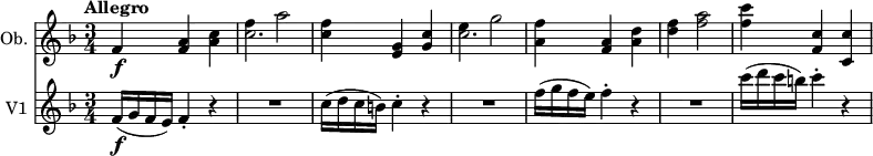 <<
\new Staff \with { instrumentName = #"Ob. "}
\relative c'' {
\version "2.18.2"
\key f \major
\tempo "Allegro"
\time 3/4
f,4 \f <f a> <a c>
<< \relative {f'' a2} \relative {c''2.} >>
<c f>4 <e, g> <g c>
<< \relative {e'' g2} \relative {c''2.} >>
<a f'>4 <f a> <a d>
<d f> <f a>2
<f c'>4 <f, c'> <c c'>
}
\new Staff \with { instrumentName = #"V1 "}
\relative c' {
\version "2.18.2"
\tempo "Allegro"
\key f \major
\time 3/4
f16\f (g f e) f4-. r |
R1*3/4 |
c'16( d c b) c4-. r |
R1*3/4 |
f16( g f e) f4-. r |
R1*3/4 |
c'16( d c b) c4-. r |
}
>>