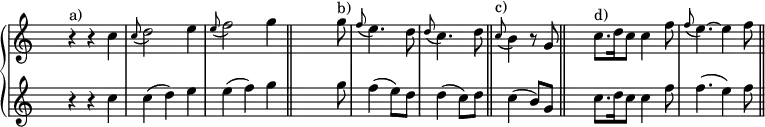 
\new PianoStaff <<
   \new Staff <<
    \override Staff.TimeSignature.transparent = ##t
\relative c'' {
\time 3/4 r4^"a)" r c4 \appoggiatura c8 d2 e4 \appoggiatura e8 f2 g4 \bar "||"
\time 2/4 s4. g8^"b)" \appoggiatura f e4. d8 \appoggiatura d8 c4. d8 \bar "||"
\appoggiatura c8^"c)" b4 r8 g \bar "||"
\time 6/8 c8.^"d)" d16 c8 c4 f8 \appoggiatura f8 e4. ~ e4 f8 \bar "||"

     }
     >>

    \new Staff <<
    \override Staff.TimeSignature.transparent = ##t
\relative c''' {
\time 3/4 r4 r c, c( d) e e( f) g
\time 2/4 s4. g8 f4( e8) d  d4( c8) d
c4( b8) g
\time 6/8 c8. d16 c8 c4 f8 f4. ( e4) f8
}
     >>
 >>

