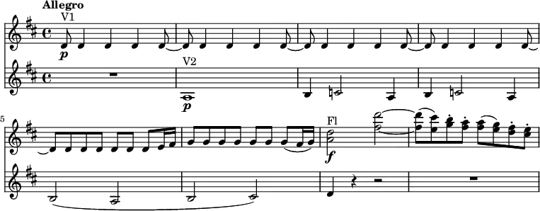<<
\new Staff \relative c'' {
\version "2.18.2"
\clef "treble"
\key d \major
\tempo "Allegro"
\time 4/4
\tempo 8 = 200
d,8 \p ^ \markup{V1} d4 d d d8 ~
d8 d4 d d d8 ~
d8 d4 d d d8 ~
d8 d4 d d d8 ~
d8 d d d d d d e16 fis
g8 g g g g g g (fis16 g)
<a d>2 \f ^ \markup{Fl} <fis' d'> ~
<fis d'>8 (<e cis'>) <g b-.> <fis a-.>
<fis a> (<e g>) <d fis-.> <cis e-.>
}
\new Staff \relative c' {
\clef "treble"
\key d \major
\time 4/4
R1 a1\p ^\markup {V2}
b4 c!2 a4
b4 c!2 a4
b2 (a b cis)
d4 r4 r2 R1
}
>>