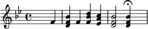 {\set Staff.midiInstrument = #"celesta" \key bes \major \skip2. f'4 <d' f' bes'> f' <f' bes' d''> <es' a' c''> <d' f' bes'>2 <d' f' bes'>4\fermata \skip4}