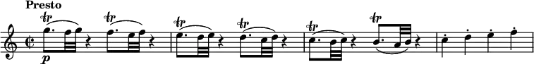 \relative c'' {
\version "2.18.2"
\key c \major
\tempo "Presto"
\time 2/2
\tempo 4 = 170
g'8.\p\trill (f32 g) r4 f8.\trill (e32 f) r4
e8.\trill (d32 e) r4 d8.\trill (c32 d) r4
c8.\trill (b32 c) r4 b8.\trill (a32b) r4
c4-. d4-. e4-. f4-.
}