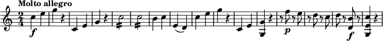 \relative c'' {
\version "2.18.2"
\key c \major
\time 2/4
\tempo "Molto allegro"
c4\f e
g r4
c,, e
g r4
c2:16 c2:16
b4 c
e, (d)
c' e
g r4
c,, e
<g, g'> r4
r8 f''8\p r8 e
r8 d r8 c
d r8 <d, b'>\f r8
<g, e' c'>4 r4
}