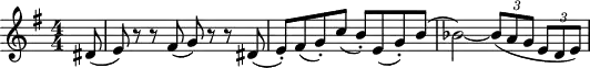 
\header {tagline = ##f }
%\paper { #(set-paper-size "a4") }
%\layout { \context { \Score \remove "Bar_number_engraver" } }

global = { \key e \minor \numericTimeSignature \time 4/4 \partial 8 }

tenorSax = \relative c' { \global \transposition c
  dis8 ( | e) r r fis (g) r r dis ( | e-.) fis (g-.) c (b-.) e, (g-.) b ( |
  bes2~ ) \tuplet 3/2 4 { bes8 (a g e d e) } |
}

\score {
  \new Staff \with { midiInstrument = "tenor sax" } \tenorSax
  \layout { }
  \midi { \tempo 4=120 }
}
