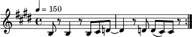 
  \relative c {
  \set Staff.midiInstrument = #"overdriven guitar"
  \key e \major
  \tempo 4 = 150
  \transposition c
b'8 r8 b4 r8 b8 cis8 d8~ | d4 r8 d8 d8 (cis8) cis8 r8 \bar ":|."
}
