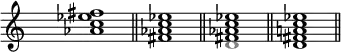 
  \new Staff {
\override Staff.TimeSignature.transparent = ##t
      \relative c'' { \clef treble <as c es fis>1 \bar "||" <fis as c es> \bar "||" <\tweak NoteHead.color #grey d fis as c es> \bar "||" <d fis a! c es> \bar "||" }
  }
