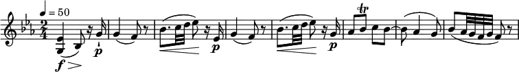
\relative c'' {
  \key ees \major
  \time 2/4
  \tempo 4 = 50
  \tempo "Andante moderato"
  <g, ees'>4\f\> (bes8)\!  r16 g'16-!\p
  g4 (f8) r8
  bes8. \< (c32 d ees8)\! r16 ees,16\p
   g4 (f8) r8
   bes8. \< (c32 d ees8)\! r16 g,16\p
   aes8 bes\trill c bes ~
   bes (aes4 g8)
   bes (aes32 g f g f8) r8
}
