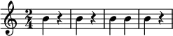 
\version "2.18.2" % specify the version of LilyPond
\relative c'' {
  \clef treble
  \time 2/4

  % Takt 1
  h4 r4

  % Takt 2
  h4 r4

  % Takt 3
  h4 h4

  % Takt 4
  h4 r4
}
