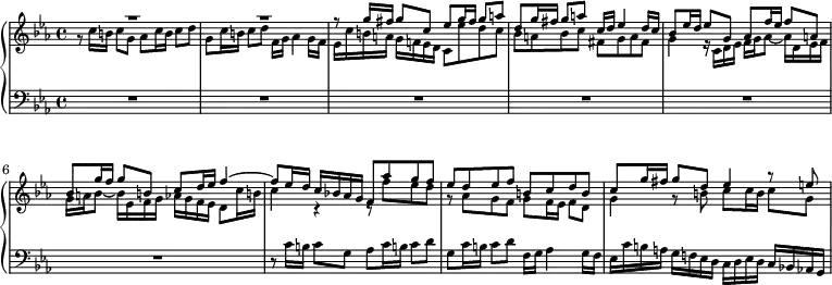 
\new PianoStaff { << 
\new Staff \with { \magnifyStaff #3/4 } { 
\key c \minor \clef "treble" <<
          \relative g'' {
            \override MultiMeasureRest.staff-position = #4 R1
            R1
            f8\rest g16 fis g8 c, es g16 fis g8 a
            d,8 g16 fis g8 a c,16 d es4 d16 c
            bes8 es16 d es8 g, as f'16  es f8 a,
            bes8 g'16 f g8 b, c d16 es f4~
            f8 es16 d c bes! as g f8 as' g f
            es8 d es f b, c d b
            c8 g'16 fis g8 d es4 a8\rest e
          } \\
          \relative c'' {
            g8\rest c16 b c8 g as c16 b c8 d
            g,8 c16 b c8 d f,16 g as4 g16 f
            es16 c' b a g f! es d c8 es' d c
            bes8 a bes c fis, g a fis
            g4 e16 \rest c d es f g as8~ as16  d, es f
            g16 a bes8~ bes16 es, f g as g f es d8 c'16 b!
            c4 c,\rest c8\rest f' es d
            g,8\rest as g f g f16 es f8 d
            g4 g8\rest b c8 c16 b c8 g
          }
        >>
}
\new Staff \with { \magnifyStaff #3/4 } \relative c' {
        \key c \minor \clef "bass"
        R1 * 6
        r8 c16 b c8 g as c16 b! c8 d
        g,8 c16 b c8 d f,16 g as4 g16 f
        es16 c' b a g f! es d c d es d c bes! as! g
      }
>>
}
\midi { \tempo 4 = 76 }
