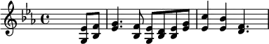{\key es \major \time 4/4 \skip2. <g es'>8 <bes f'> <es' g'>4. <bes f'>8 <g es'> <bes d'> <bes es'> <es' g'> <es' c''>4 <es' bes'> <d' f'>4. \skip8}