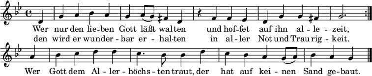 \header {tagline = ##f }
\language "deutsch"
\layout { indent = 0 \set Score.tempoHideNote = ##t \context { \Score \remove "Bar_number_engraver" } }
global = { \key g \minor \time 4/4 \partial 4 }
soprano = \relative c' { \global \set Score.midiInstrument = "church organ" % "flute"
\repeat volta 2 { d4 | g a b a | g a8 (g) fis4 d | r f f es | d g g fis | g2. }
a4 | b c d d | c4. b8 b4 d4 | c b a \tempo 4 = 96 g8 (a) | b4 \tempo 4 = 81 a \tempo 4 = 60 g \bar "|."
}
verse = \lyricmode {
<< { Wer nur den lie -- ben Gott läßt wal -- ten
und hof -- fet auf ihn al -- le -- zeit, }
\new Lyrics { den wird er wun -- der -- bar er -- hal -- ten
in al -- ler Not und Trau -- rig -- keit. } >>
Wer Gott dem Al -- ler -- höchs -- ten traut,
der hat auf kei -- nen Sand ge -- baut.
}
\score { \soprano \addlyrics { \verse } \layout { } }
\score { \unfoldRepeats { \soprano } \midi { \tempo 4 = 105 } }