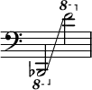 { \override Score.TimeSignature #'stencil = ##f \clef bass
  \ottava #-1 bes,,,2 \glissando \ottava #1 f''2 }
