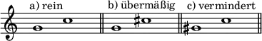 \relative c  { \override Staff.TimeSignature #'stencil = ##f \key c \major \time 5/2 \clef "treble"  s4^"a) rein" g''1 c s4 \bar "||" s^"b) übermäßig" g1 cis s4 \bar "||" s^"c) vermindert" gis1 c s4 \bar "||" } 