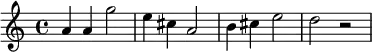 {\set Staff.midiInstrument = #"electric piano 1" a'4 a'4 g''2 e''4 cis''4 a'2 b'4 cis''4 e''2 d''2 r2}