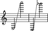  { \override Score.TimeSignature #'stencil = ##f  e2 \glissando c''''2  d2 \glissando bes'''2 } 