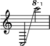  { \override Score.TimeSignature #'stencil = ##f
    c2 \glissando \ottava #1 c''''2 }
