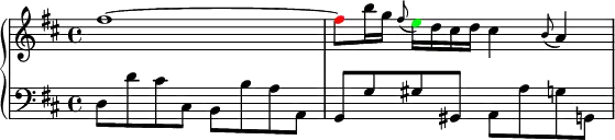 
\header {tagline = ##f}
upper = \relative c'' {
  \clef treble
  \key d \major
  \time 4/4
  \tempo 8 = 100
         { fis1 ~ \tweak NoteHead.color #red fis8 b16 g \appoggiatura fis8 \tweak NoteHead.color #green e16 d cis d cis4 \appoggiatura b8 a4}
}
lower = \relative c {
  \clef bass
  \key d \major
         { d8 d' cis cis, b b' a a, g g' gis gis, a a' g g,}
}
\score {
  \new PianoStaff <<
    \new Staff = "upper" \upper
    \new Staff = "lower" \lower
  >>
  \layout {
    \context {
      \Score
      \remove "Metronome_mark_engraver"
    }
  }
  \midi { }
}
