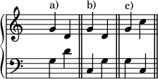 

\new PianoStaff <<
<<
   \new Staff <<
    \set Score.tempoHideNote = ##t
    \tempo 4 = 45
    \override Staff.TimeSignature.transparent = ##t
     <<
     \new Voice = "first"
       \relative c''
          { g^"a)" d \bar "||" g^"b)" d \bar "||" g^"c)" c \bar "||" }

     >>

     >>

    \new Staff <<
           \override Staff.TimeSignature.transparent = ##t
              \clef "bass"
              \relative c { g' d' \bar "||" c, g' \bar "||" g c, \bar "||"}
  >>

 >>

>>

