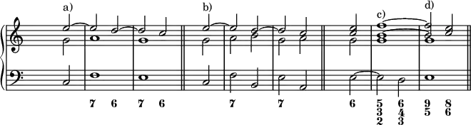 \new PianoStaff <<
<< % wegen Generalbass
\new Staff <<
\set Score.tempoHideNote = ##t
\tempo 4 = 160
\override Staff.TimeSignature.transparent = ##t
<<
\new Voice = "first"
\relative c''
{ \voiceOne s2 e^"a)" ~ e d ~ d c \bar "||" s e^"b)" ~ e d ~ d c \bar "||" s2 <c e> <b f'>1^"c)" ~ <b f'>2^"d)" <c e> \bar "||"}
\new Voice = "second"
\relative c''
{ \voiceTwo s2 g a1 g s2 g a b g a s2 g g1 g }
>>
>>
\new Staff <<
\override Staff.TimeSignature.transparent = ##t
\clef "bass"
\relative c { s2 c f1 e s2 c f b, e a, s2 e' ~ e2 d e1}
>>
>>
\new FiguredBass {
\figuremode { <_>1 <7>2 <6> <7> <6> <_>1 <7>2 <_> <7> <_> <_> <6> <5 3 2> <6 4 3> <9 5> <8 6>}
}
>> % wegen Generalbass