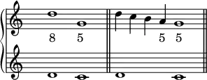 \new PianoStaff <<
\new Staff <<
\set Score.tempoHideNote = ##t
\time 2/1
\tempo 2 = 80
\override Staff.TimeSignature.transparent = ##t
\relative c'' { d1 g, \bar "||" d'4 c b a g1 \bar "||" }
\addlyrics { "8" "5" _ _ _ "5" "5" }
>>
\new Staff <<
\override Staff.TimeSignature.transparent = ##t
\relative c' { d1 c d c }
>>
>>