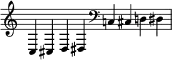  { \override Score.TimeSignature #'stencil = ##f \time 4/2 c cis d dis \clef bass  c cis d  dis  } 