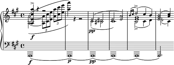 
    \language "deutsch"
	\new PianoStaff <<
		\new Staff = "r" <<
			\clef "violin"
			\key a \major
			\new Voice {
				\voiceOne
				\relative {
					< a e' cis' a' >4\f\accent r r2
					s1
					e'2( dis
					e2 < e a >)
					<< { \grace { h'16( cis } d2\accent )( cis4 h) } \\ gis1 e >>
					<< e2. { <gis h>2( <a cis>4) } >>
				}
			}
			\new Voice {
				\voiceTwo
				\relative {
					<a~ a'~>2^(_( \tuplet 3/2 { <a a'>8 <cis cis'> <e e'> } \tuplet 3/2 { < a a'> <cis cis'> <e e'> }
					<a a'>4)) r r2
					cis,,2\pp( his
					cis1)
					h2\accent( cis4 d)
					d2( cis4)

				}
			}
		>>
		\new Staff = "l" <<
			\clef "bass"
			\key a \major
			\new Voice {
				\relative { a,,1\f( a\p)( a\pp) ( a) ( a) ( a2.) }
			}
		>>
	>>

