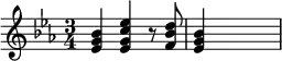 {\set Staff.midiInstrument = #"Orchestral Harp" \key es \major \time 3/4 <es' g' bes'>4 <es' g' c'' es''> r8 <f' bes' d''>8 <es' g' bes'>4 \skip2}
