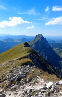 Im Vordergrund ein Grat, im Hintergrund der Aggenstein, umgeben von den Allgäuer Alpen bei strahlendem Sonnenschein