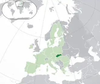 Karte von Europa mit eingezeichneter Lage der Slowakei
