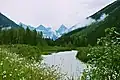 Der Illecillewaet River, im Hintergrund (von links nach rechts): Avalanche Peak, Eagle Peak, Uto Peak und Mount Sir Donald