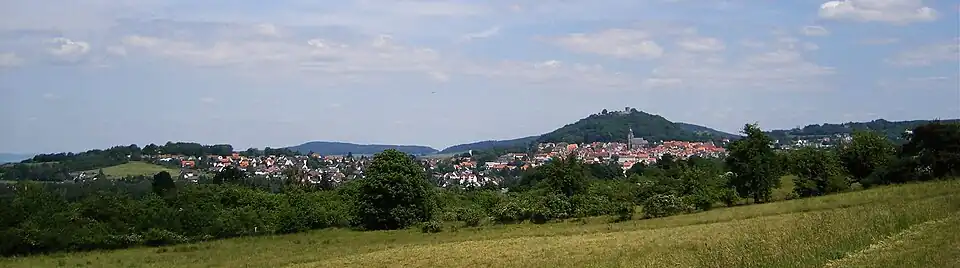 Blick auf Homberg (Efze) von der Ferne, mit Altstadt und Schlossberg mit Hohenburg im Hintergrund